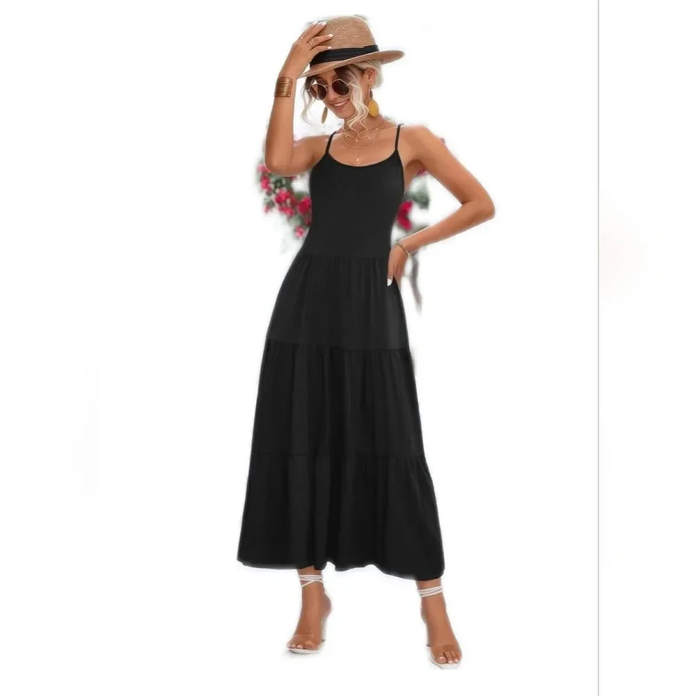Black Tiered Maxi Dress, Spaghetti Straps, Stretchy, M